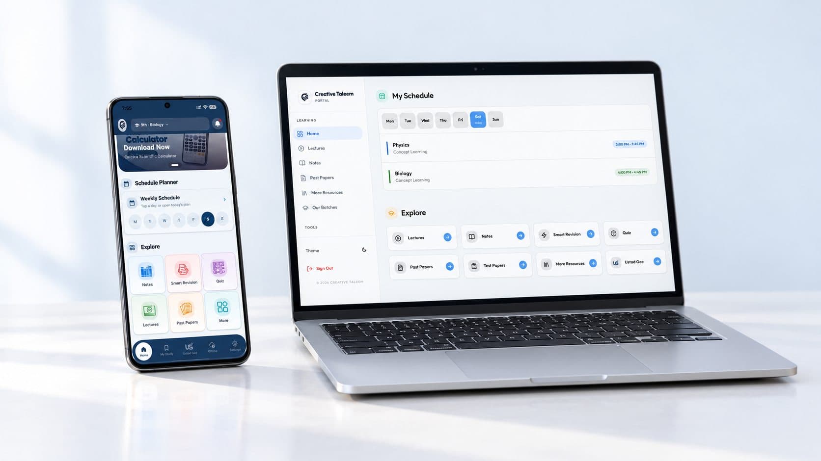 Creative Taleem online academy app on a phone and the student web portal on a laptop