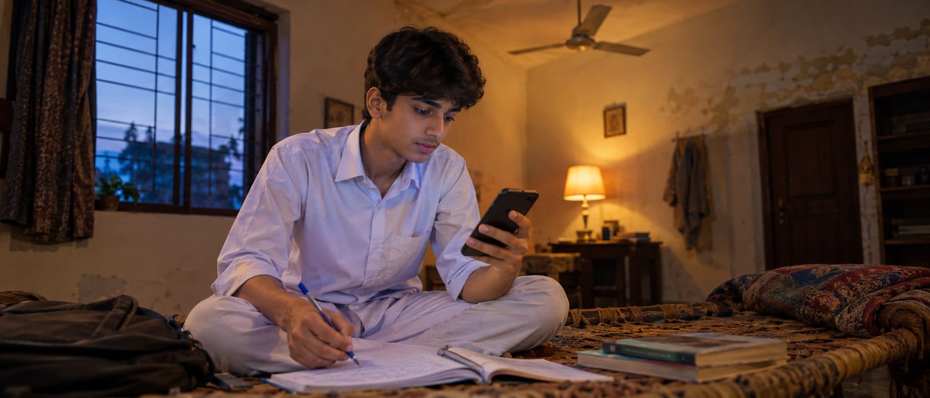 A student studying at home in the evening with a phone and a notebook